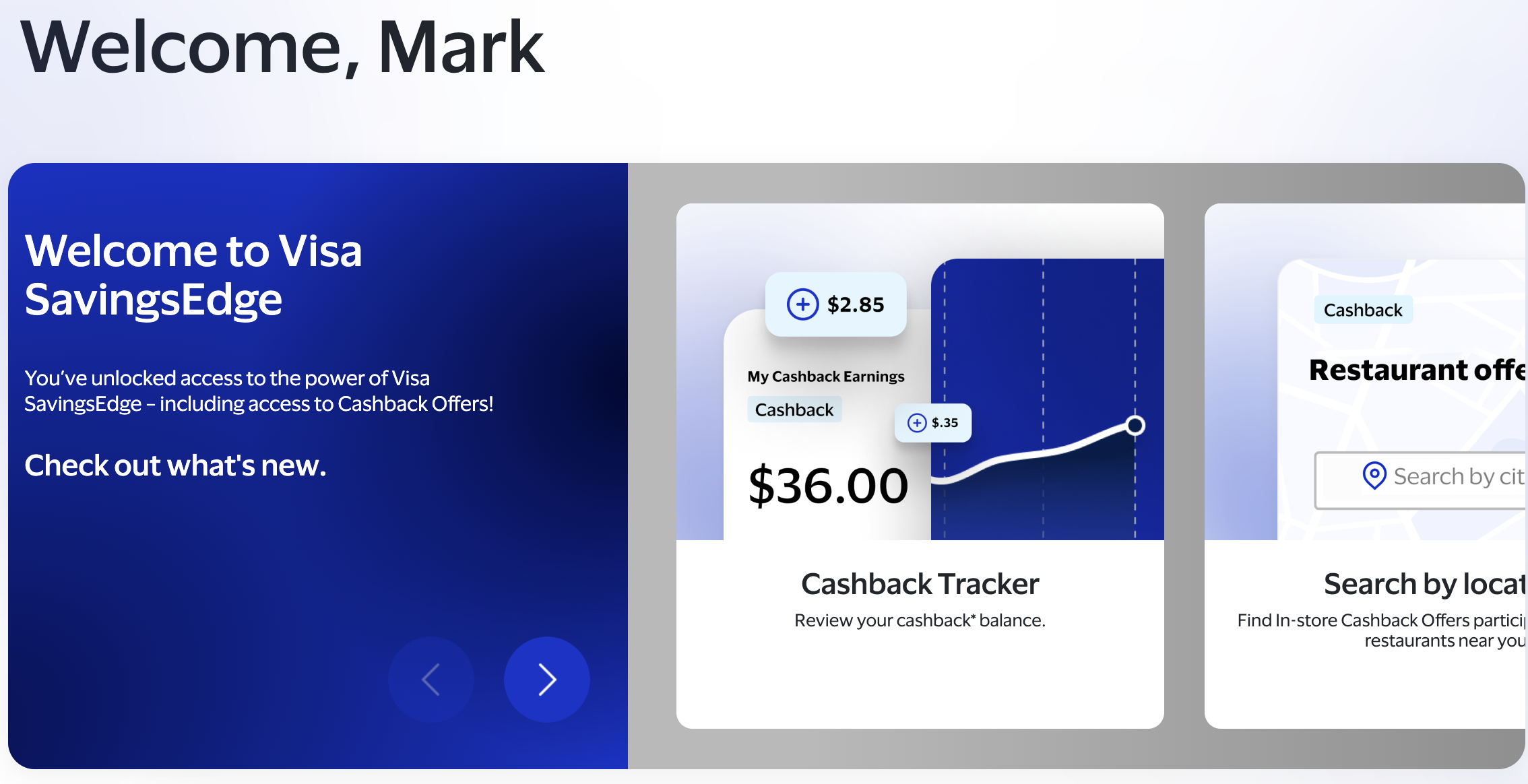 Visa SavingsEdge Welcome Page